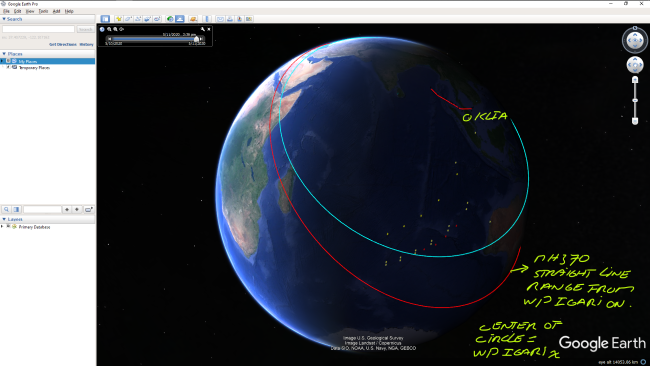 [Google Earth - mh370 straight line range from Igari on - south, picture source: Bobby Jagernath]